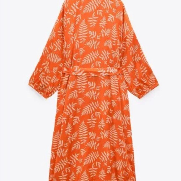 NWT ZARA Long Orange and White fern print Hanoi Kimono with belt size S - Picture 2 of 10